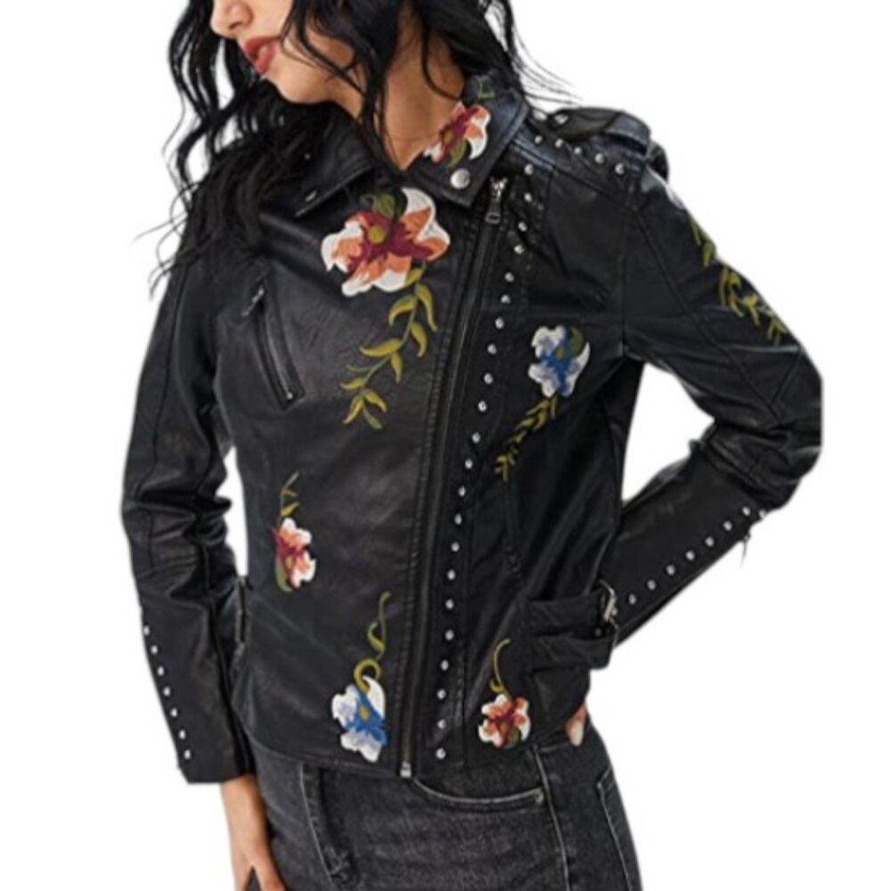 FW Collection black faux leather floral embroidery moto-style jacket size S
